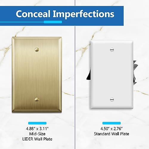 Image of LIDER Blank Metal Wall Plate, Stainless Steel Blank Outlet Cover, Corrosion Resistant, Mid-Size 1-Gang 4.88 inch x 3.11 inch, 201 Stainless Steel, LMWP-01M-BB, Brushed Brass
