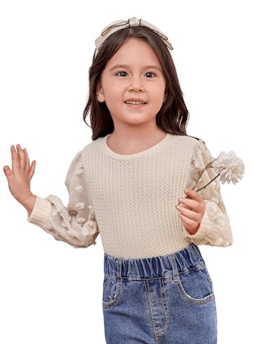 Image of Floerns Girl's Contrast Mesh Swiss Dots Tee Shirts Lantern Sleeve Round Neck Tee Tops Apricot 6Y