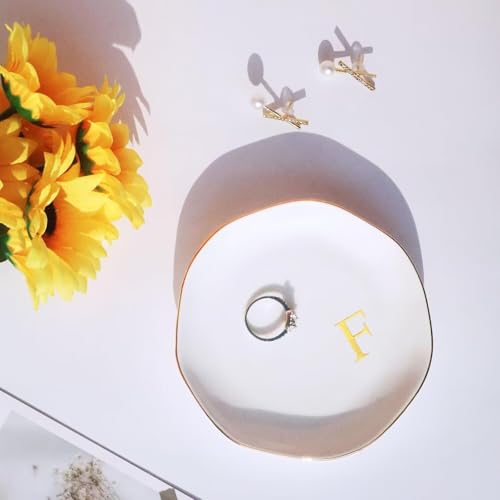 Image of Ceramic Jewelry Tray Initial Ring Dish Personalized A-Monogrammed Engagement Wedding Gifts, for Birthday Mother's Day Christmas for Women, Ceramic White 4.75 inch (F)