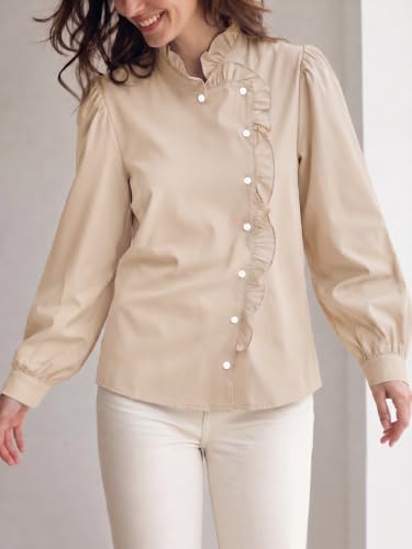 Flowyair Button Down Shirts for Women Casual Long Sleeve Ruffle Fall Tops | long sleeve,asymmetrical button,button cuffs,open front,trendy - image 3