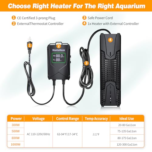 Image of Aquarium Heater 300W /500W /800W /1000W for 20-300 Gal, Fish Tank Heater with Intelligent Leaving Water Automatica Stop Heating and Overheating Protection, for Freshwater & Saltwater