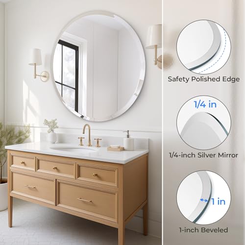 Image of USHOWER 36 inch Round Frameless Wall Mirror with Beveled Edge | Circle Mirror for Bathroom & Vanity, Elegant & Simple Look