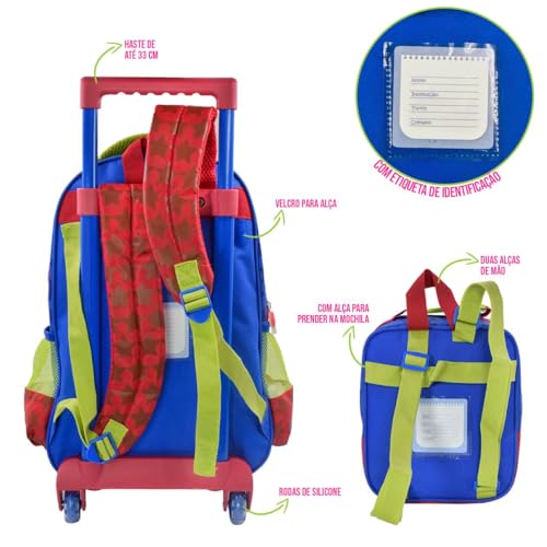 Kit Escolar Infantil 3 Peças, Mochila com Rodinhas, Lancheira Térmica e Estojo, P/Meninos com Estamp