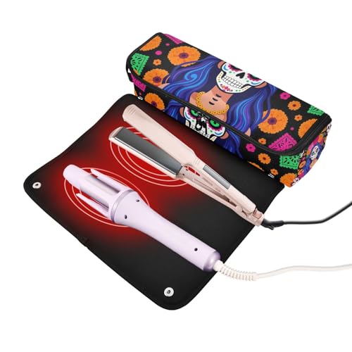 Estuche de viaje 2 en 1 para rizador con tapete resistente al calor para planchas y secador de pelo organizador de viaje La Catrina Día de los Muertos mexicano para mujeres miniatura 2