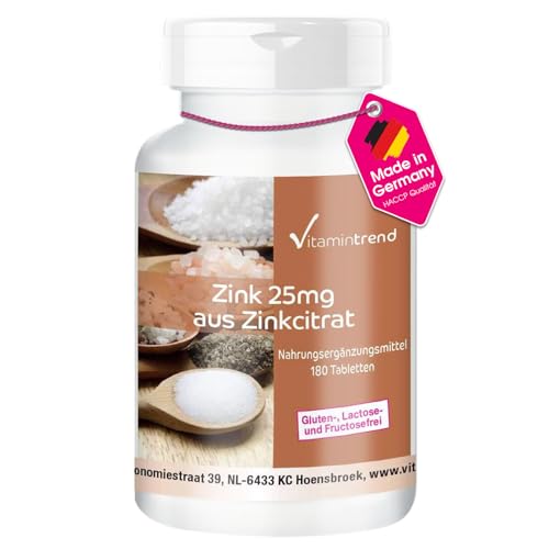 Vitamintrend Zink 25mg aus Zinkcitrat 180 Tabletten schluckfreundlich hochdosiert Nahrungsergänzungsmittel vegan ohne Magnesiumstearat in Deutschland hergestellt