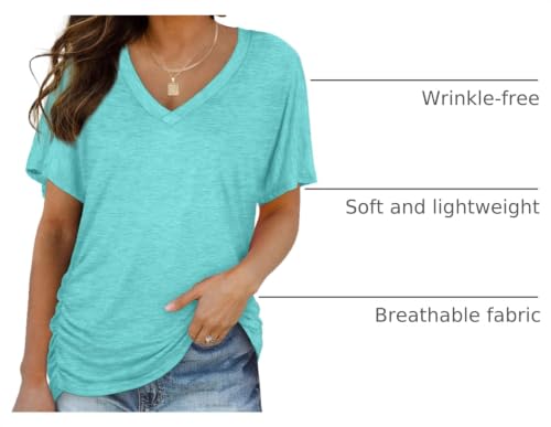 Image of WIHOLL Womens Summer T-Shirts Short Sleeve V Neck Dolman Tops with Side Shirring Loose Fit Shirts Spring Fashion