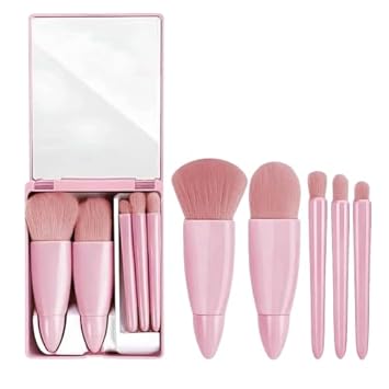ELITEWAVE Travel Size Mini Makeup Brushes Set with Mirror, Complete Function Cosmetic 5 Pcs Brushes Kit Case Apply to Face Foundation, Powder, Concealers, Eyebrow, Eyeshadow Blush and Lip Gloss.