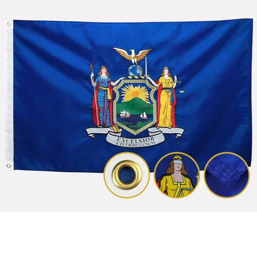 Double Sided New York State Flag 3x5 Outdoor The Longest Lasting NY Flags Heavy Duty 210D Nylon, Sewn Stripes, Embroidered, Stronger Brass Grommets,4 Stitched Hemming, Perfect for Outside