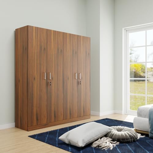 Image of VIKI Wardrobe | Wooden Almirah for Clothes,Door for Bedroom, 4 Door Wardrobe with Shelves & Hanging Space (Brussel Walnut - 40D x 160W x 180H) | 1 Year Warranty | Free Assembly