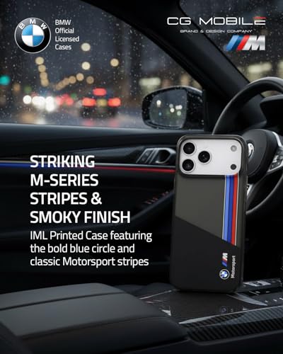 Image of CG MOBILE BMW [Official Licensed] Protective Case Designed for iPhone 17 Pro Max |Motorsport Collection|IML Printed Case with Vertical Stripes - Black