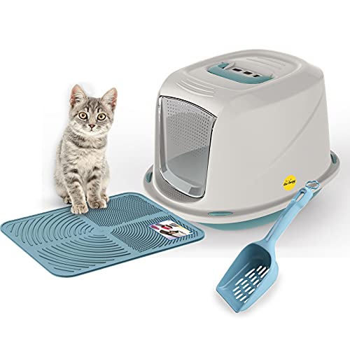 CAT CENTRE Medium Blue Hooded Kitten Litter Tray +Waste Scoop +Tray Mat Set Carbon Filter Small Cat Toilet Pet Box Loo Pan Starter Pack Portable Swing Flap Door Carry Handle Galaxy Easy Cleaning