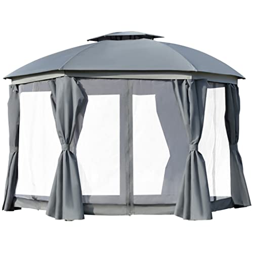 12'x12' Round Outdoor Patio Canopy With Two-Tier Roof, Mesh Sidewalls And Sturdy Steel Frame, Gray