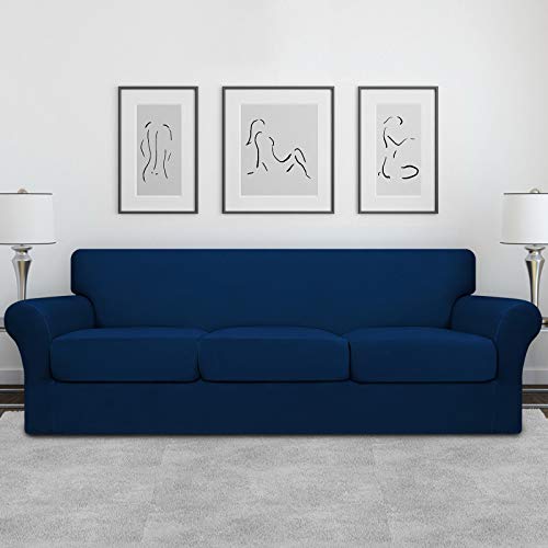 Image of Easy-Going 4 Pieces Oversized Stretch Couch Cover for Dogs Washable | Sectional Sofa Slipcover for 3 Separate Cushion Couch - Elastic Furniture Protector for Pets, Kids Navy
