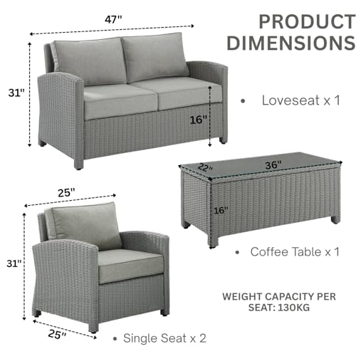 Image of DEVOKO 4PCS Patio Wicker Furniture Set Center Table Silver Grey Rattan Chairs and Grey Cushions Outdoor Furniture for Backyard, Garden, Blacony