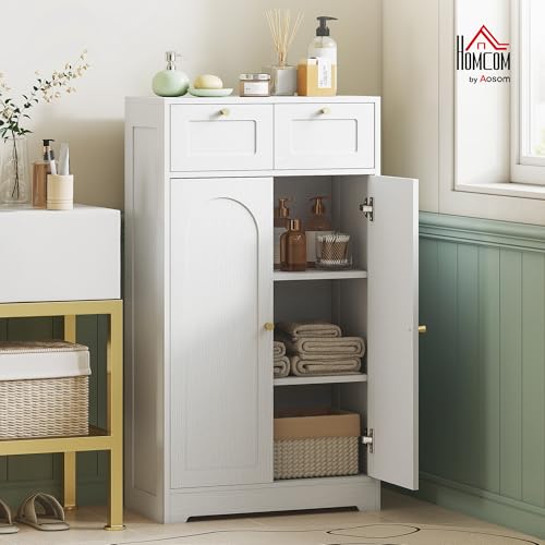 HOMCOM Armario de Baño Estrecho, Mueble Auxiliar de Baño, 60x30x108 cm, con 2 Cajones, Estante Abierto y Puerta con Panel Arqueado, Estilo Moderno, para Espacios Pequeños, Blanco Veteado - imagen 2