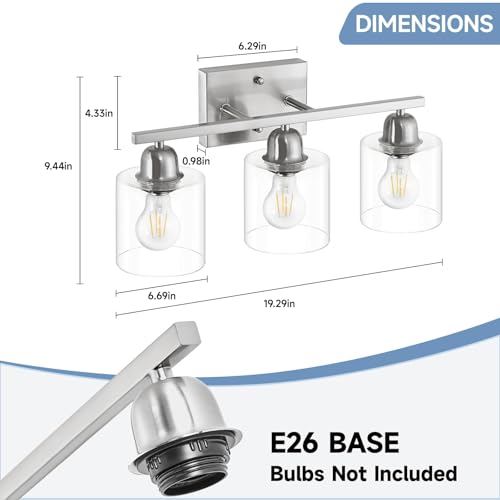 Image of Modern Brushed Nickel 3 Light Bathroom Light Fixtures,19 inch Vanity Lights For Bathroom With Clear Glass, Bathroom Lighting Fixtures Over Mirror For Mirror Kitchen Living Room Hallway Cabinet Porch