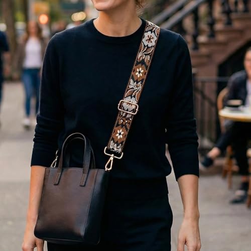 Image of Replacement Purse Strap Shoulder Strap Adjustable Crossbody Strap for Women Crossbody Wide Shoulder Bag, Brown Floral-gold Metal, 28 inch~50 inch