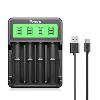 POWXS Cargador de batería universal de litio 18650 para 3.7V Li-ion 18650 26650 18490 17670 17500 22650 21700 20700 18350 16340 RCR123A 14500, AA y C Ni-MH Ni-Baterías recargables CD
