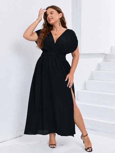 Womens Summer Plus Size Maxi Dress 0XL-4XL V Neck Short Sleeve A-Line Slit Flowy Casual Guest Long Dresses2