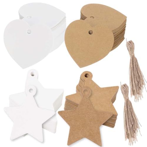 Bigliettini Bomboniere,100 pcs etichette da regalo a forma di cuore Stella, in carta,con cordino, a forma di cuore Stella, in carta kraft, per San Valentino, feste, compleanni, Natale