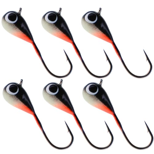 Reaction Tackle Tungsten Ice Fishing Jigs, Tear Drop Jig Heads that Glow with UV Light for Panfish, Crappie, Walleye, Perch, Trout and Bluegill - Black/White Glow 6-pcs 6 mm Long Hook