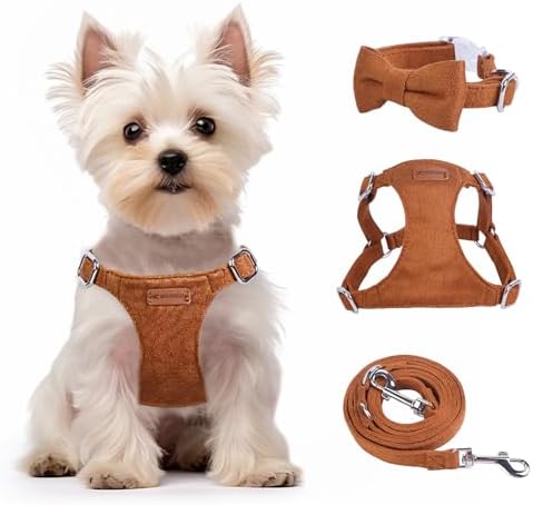 Dog Harness and Leash Set, XXS No Pull Adjustable Puppy Harness with Multifunction Pink Dog Leash and Collar, Soft No Choke Escape Proof Pet Harness Vest for Small Dogs and Cats (Brown, XS)