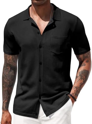 COOFANDY Men’s Short Sleeve Knit Shirts Button Down Vintage Polo Casual Beach Shirt