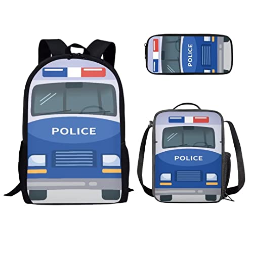 Sac à dos d'école léger ergonomique 3 pièces voiture de police avec sac isotherme et trousse