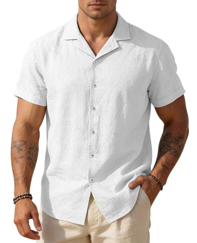 Image of ALKAHE Men's Cotton Linen Revere Collar Short Sleeve Shirt Summer Casual Loose Fit Button Top White 2XL
