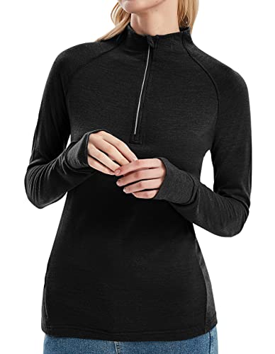Womens 100% Merino Wool Base Layer Top 220 Midweight Zip Neck Tops for Ski