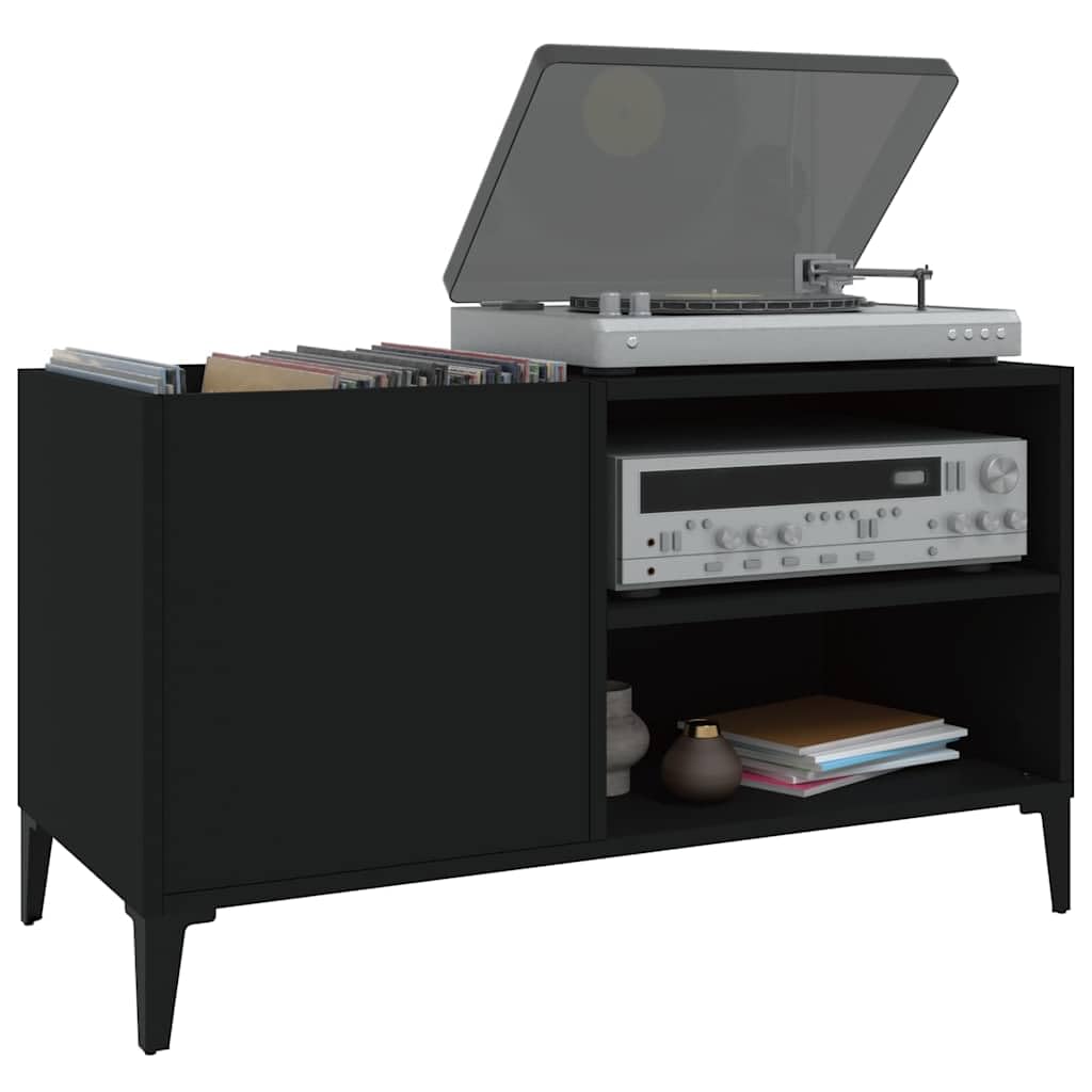Armadio per dischi nero, 84,5 x 38 x 48 cm, scaffale in vinile in legno con gambe in metallo, contenitore per dischi LP e supporto per giradischi, moderno mobile basso per il soggiorno