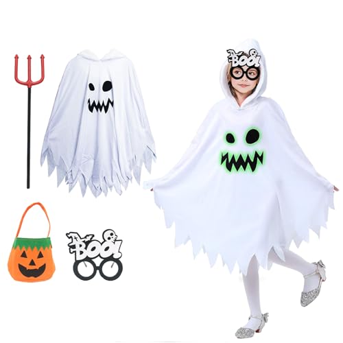 Celebration Directre 4PCS Halloween Ghost Costume for Kids Glow in the Dark White Ghost Cloak Scary Ghost Face Cape with Hat Pumpkin Candy Bag Skeleton Glasses for Girls Boys Halloween Fancy Dress