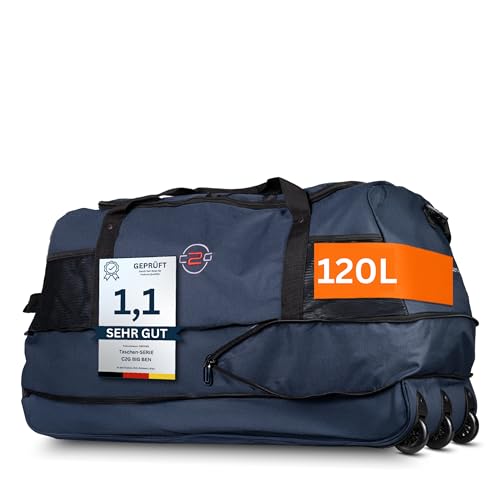 Cocoono XXL Reisetasche mit Rollen – Große Faltbare Rolltasche 120L – Leicht, robust & platzsparend – Sporttasche mit Rollen für Damen & Herren (Navy Steifer-Boden)