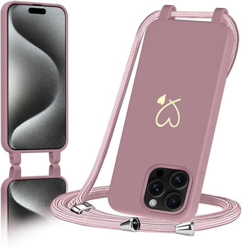AoozeFon Handyband für iPhone 15 Pro Hülle mit Band Handyhülle Silikon mit Goldenem Herzmuster für iPhone 15 Pro Abnehmbare Stoßdämpfend Handytasche mit Nylon-Lanyard Rosa