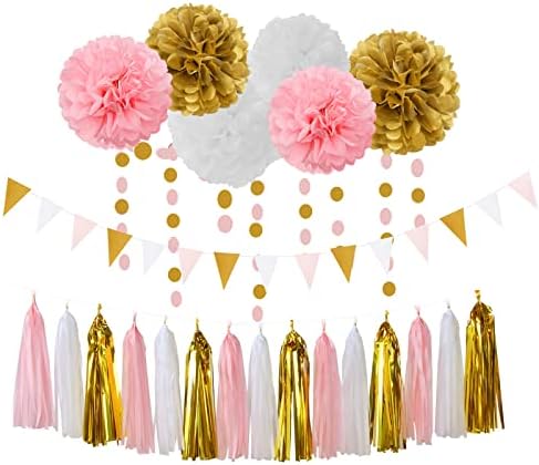 Party Decoration 23pcs Kits-Paper Flowers,Banner Flags,Tassel Garland,Baby Bridal Shower Birthday Decorations Wedding Bachelorette Engagement Bunting Lasting Surprise (Sage Green Pink Gold)