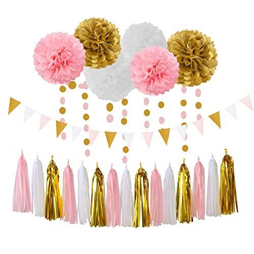Image of Pink-White Gold Girl Birthday Party-Decorations - 23pcs Kits Tissue Paper Pom Poms Streamers,Princess Banner Flags,Bachelorette Baby Bridal Shower Engagement Decoration Tassel Garland Lasting Surprise