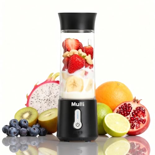 Mulli Tragbarer Mixer mit Reisedeckel 500ml USB-wiederaufladbarer persönlicher Smoothie- und Protein-Shake-Maker 6 Klingen für Sport Reisen Fitnessstudio und Zuhause