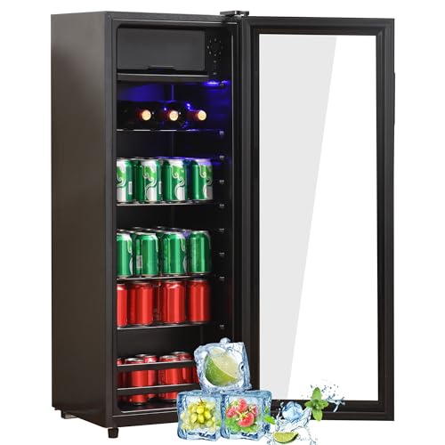 Mini refrigerador de 128 L, congelador de 8 L + refrigeradors de 120 L, estantes ajustables LED azul silencioso enfriamiento por compresor 90 kWh/año refrigerador para habitación negro