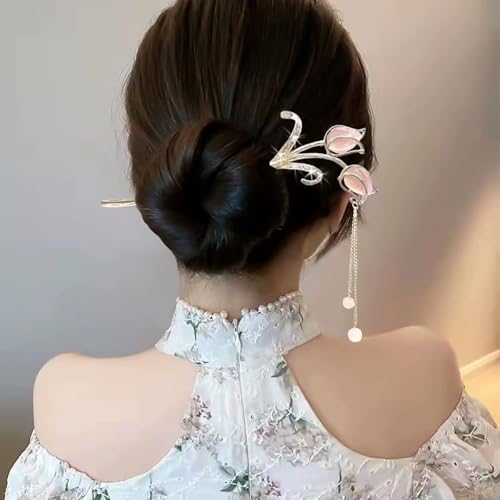 Image of SANNIDHI 4Pcs Hair Stick for Bun Elegant Flower Hair Bun Stick with Tassels, Chinese Style Floral Pins for Women, Alloy Metal Vintage Pearl Accessories