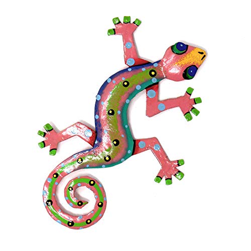 Global Crafts 8" Painted Gecko Recycled Haitian Metal Wall Art (Pink) - Thumbnail 2