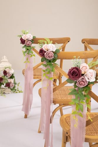 DORIS HOME Wedding Aisle Decorations Mauve Pew Flowers Set of 10 for Wedding Ceremony Party Chair Decor with Artificial Flowers Eucalyptus and Ribbons - Thumbnail 2