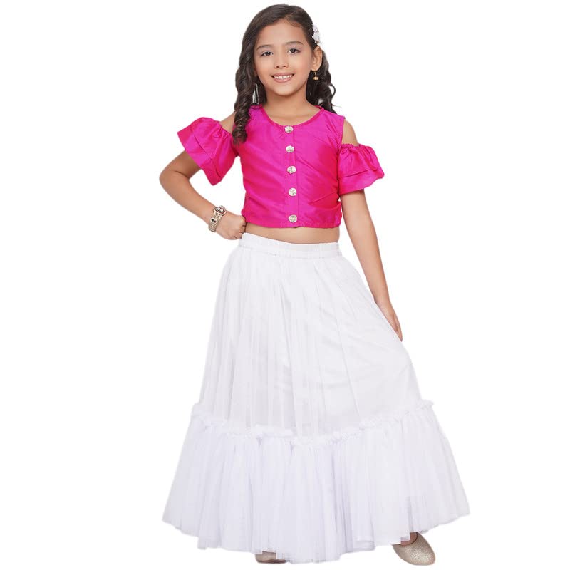 Modish Couture Kid's Girl Stylish Off Shoulder Silk Blend Top with Skirt (Pink & White) - MDC_083