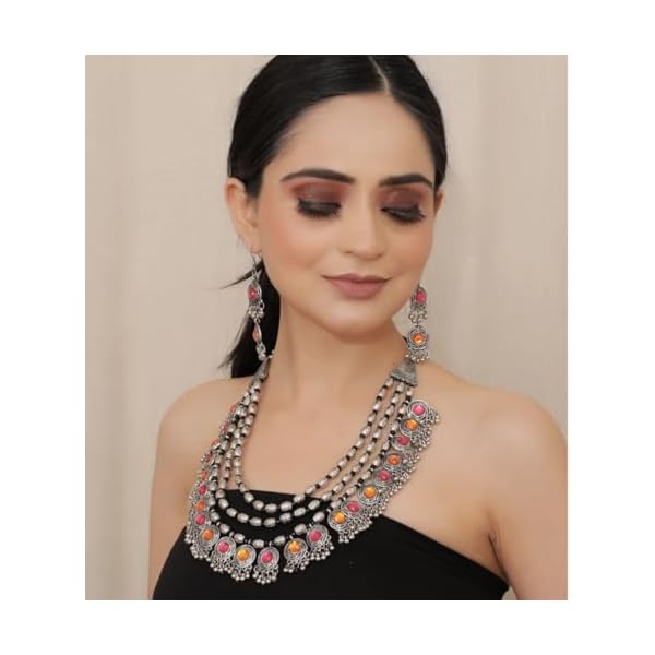 ISLANA Latest Stylish Oxidised Layered Jewellery Set | Fancy Triple Layered Necklace with Pink and Yellow Gemstone | Brass Necklace Set with Earrings | Traditional Afghani set - Image 6