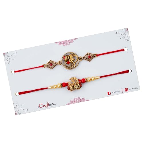 Image of eCraftIndia Set of 2 Peacock Feather Floral Designer Rakhi for Brother Bhaiya Bhai Boys Kids | Roli Chawal Pack