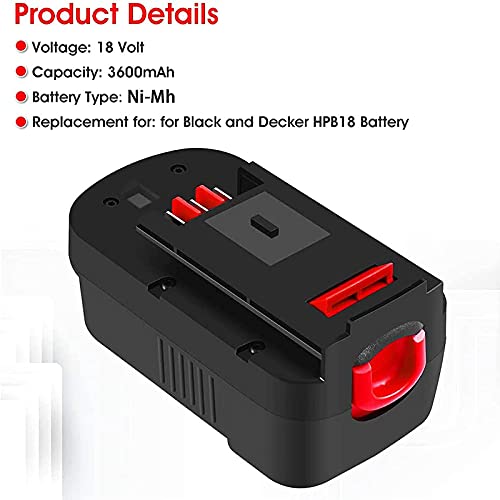 2-Pack [Upgraded to 3600mAh] HPB18 Replacement for Black and Decker 18V Battery Compatible with Black and Decker 18 Volt Battery Ni-Mh 244760-00 A1718 FS18FL FSB18 Firestorm Cordless Tools (Black) - Thumbnail 3