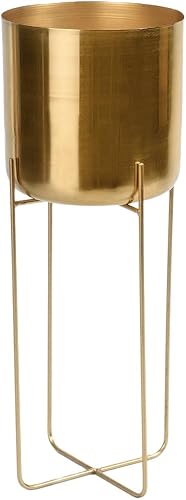 Serene es Living Tall Gold Planter with Detachable Metal Stand - Modern Mid Century Decorative Indoor Plant Pot - Large Floor Planter for Living Room, Kitchen, Office - 24" H x 9.25" Diameter
