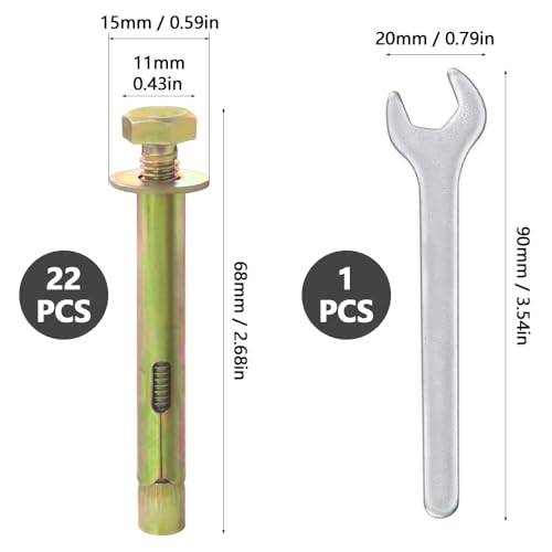 KtbeYTi 22 Stück M6 x 60 mm Dehnbolzenschraube Keilanker Bolzenanker Ankerbolzen Dehnschrauben Außensechskant Q235 Kohlenstoffstahl mit Schraubenschlüssel für Mauerziegel Schwerlast Beton (Golden)