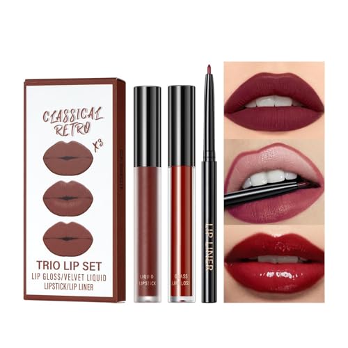 3 Stück Matt Rot Lippenstift Lipgloss Lipliner Langanhaltender Hochpigmentiert Wasserfester Nude Lippenstift 24 Stunden Halt (#10, SET)