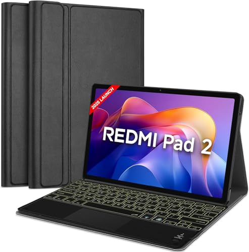 Image of HOM Tri Fold 7-Colour Backlight Detachable Wireless Bluetooth Keyboard with Trackpad /Touchpad & Tablet Cover Case for Xiaomi Redmi Pad 2 11 inch Tablet