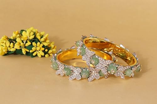 Image of LAVAZZA Stylish Butterfly Design Golden Metal with Zircon Diamond & Pearls Moti Bangles Kada For Women & Girls | Traditional Girl's Bangles Bracelet | Women's Kangan Wedding, Party-Set of 2